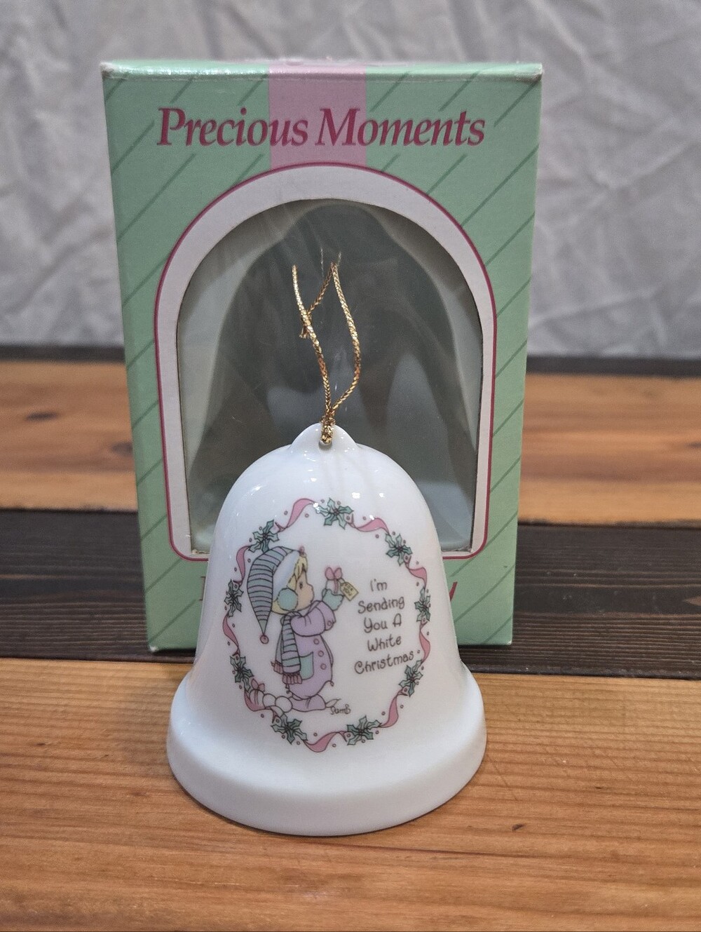 Precious Moments White Porcelain Bell Ornament with Pink and Gold Accents
